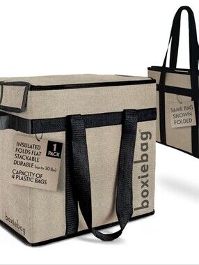 Boxiebag Reusable Grocery Bag in Beige and Black. NWOT